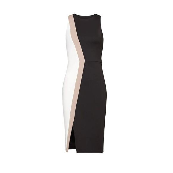 Slate & Willow Colorblock Dress Sleeveless Cutout Hem Sheath Black White Tan L - Picture 2 of 12